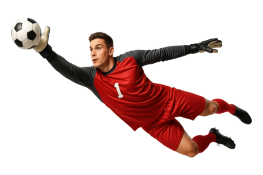 Male soccer goalkeeper diving to save the ball wearing red uniform, PNG - Powered by Adobe