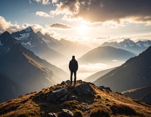 Man atop mountain at sunrise