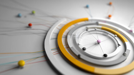 Abstract design featuring concentric circles and colorful dots connected by lines representing data visualization and scientific concepts in modern art style