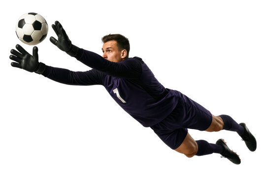 Male soccer goalkeeper diving to catch ball isolated on white background - Powered by Adobe