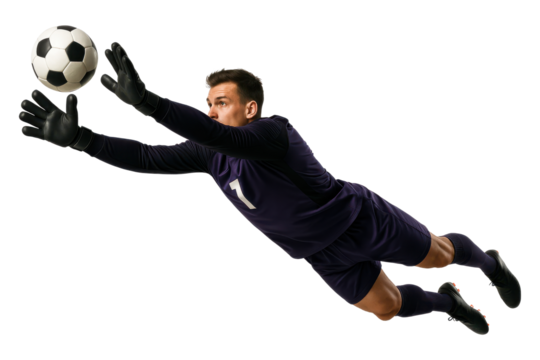 Male soccer goalkeeper diving to catch ball isolated on white background