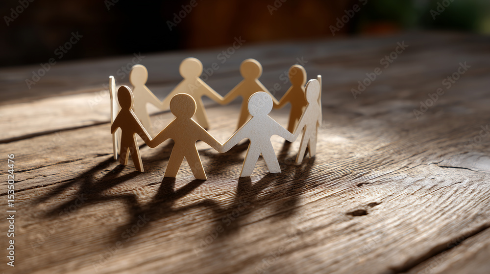 Poster paper figures linked together forming a chain on a wooden table creating the illusion of unity and c