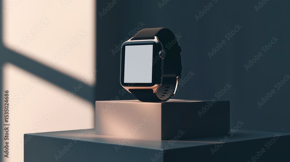 Poster smartwatch with blank screen on minimalist display stand.