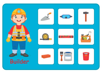 Game for preschool children. Studying professions. Set map - puzzle. Cute boy in a builder's uniform, construction equipment and tools. Vector illustration in cartoon style
