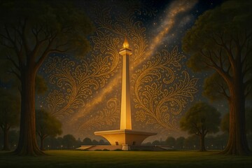 The National Monument in Jakarta glows under a batik-inspired milky way, symbolizing Indonesian heritage and cosmic wonder.