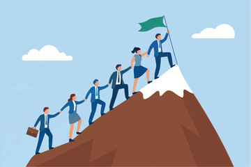 Teamwork climbing mountain to success vector cartoon illustration isolated on transparent background