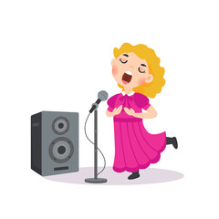 Vector illustration of a cute girl singing with a microphone under a speaker.