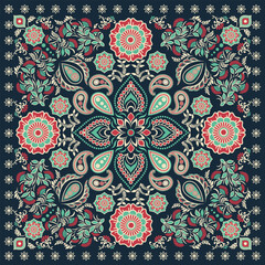 Dark Blue Paisley Indian Mandala Scarf Pattern. Bohemian Ethnic Kerchief Design. Vector illustration floral and leaf bohemian damask style.