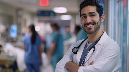Smiling doctor standing confidently in hospital hallway