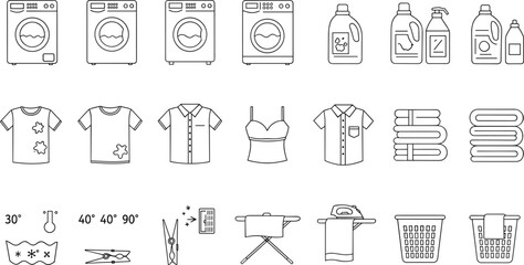 Laundry icons set, washing machine, detergent bottle, iron board, fabric care, drying symbols, clean clothes, vector illustration design elements