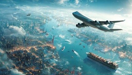 Fototapeta premium Dramatic Aerial View Shows Airplane Flying over Illuminated City and Port with Ships on a Cloudy Day, Illustrative Style