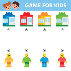 Game to develop logical thinking for preschool children. Studying colors. Printable sheet. Find in which house the man from the constructor lives
