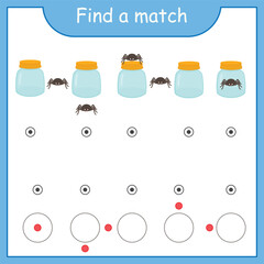 Game for preschool children. Studying the location of an object. Printable sheet. Find where the spider is in the jar or nearby. Developing Mindfulness