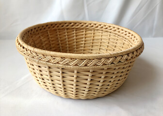 Obraz premium Empty, isolated brown wicker basket on a wooden table or white background, a natural handmade woven craft container ai generated