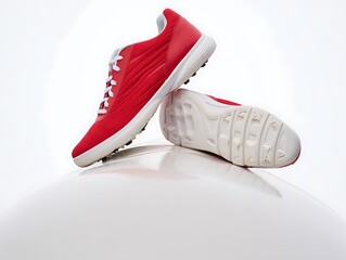 Pair of red and white golf shoes on white background