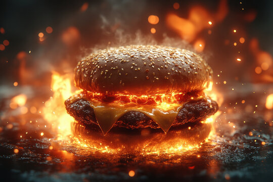 Flaming hamburger on grill.