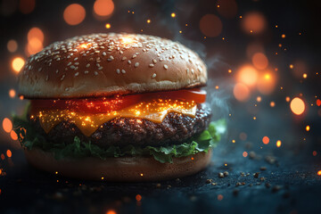 Lit hamburger on a bun.