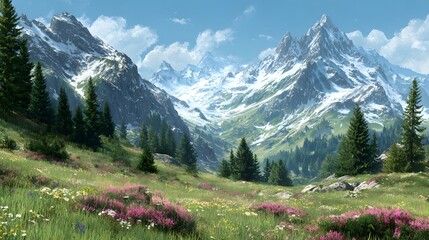 Tranquil nature landscape featuring alpine meadow nestled between towering snowy peak pine forest wildflower blooming under sky presented ground level view white background clear cut out isolated