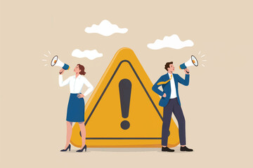 Vector cartoon illustration of a man and woman with megaphones announcing an alert isolated on transparent background