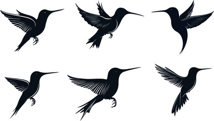 Obraz premium Elegant Hummingbird Silhouette Collection Six Unique Flying Poses on White Background Ideal for Logos Designs and Artistic Creations with a Touch of Nature and Grace