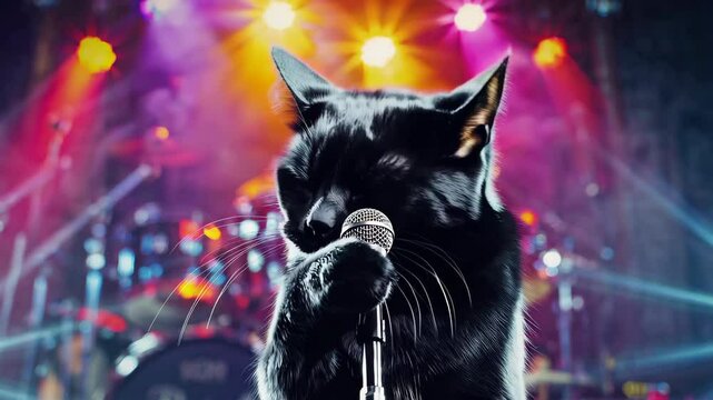 Singing Black Cat Performing on Stage with Microphone