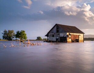 flooded countryside with an abandon structure beside