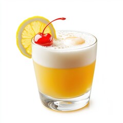 Refreshing tropical cocktail in a clear glass garnished with lemon slice and cherry, served chilled with a frothy top, perfect for summer parties and celebrations