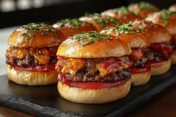 mini hamburgers on a black slate board.