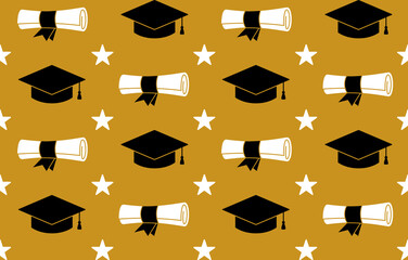 Seamless graduation pattern with caps stars and diplomas on white background