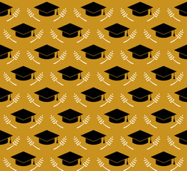 Seamless graduation pattern with caps and golden branches on white background