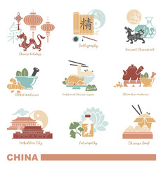 Flat vector set of traditional Chinese culture icons with food medicine calligraphy and landmarks