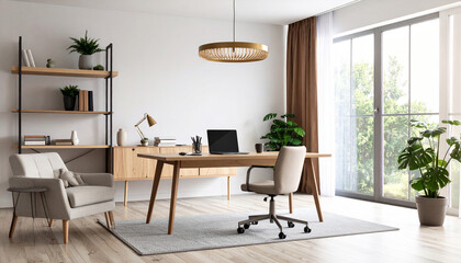 Fototapeta premium office desk, laptop and coffee, Generated image