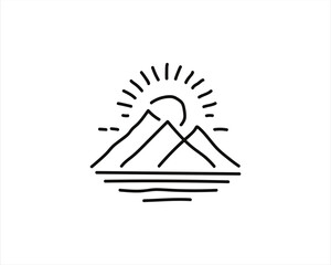 Mountain and sun logo in outline vector