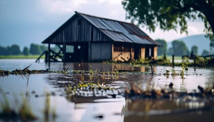Fototapeta premium flooded countryside with an abandon structure beside