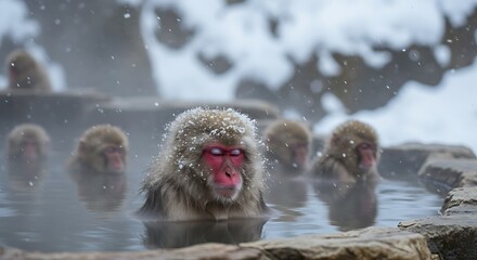 Fototapeta premium Snow Monkeys Relaxing in a Natural Hot Spring Winter Wonderland