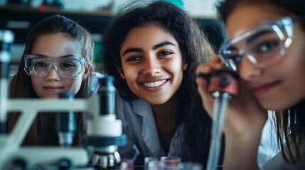 Three students conducting a science experiment in a laboratory setting