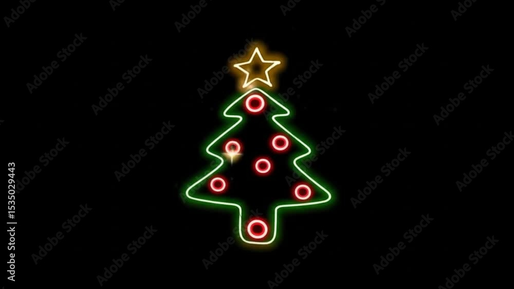 Poster animated neon christmas tree icons rotating on a black background seamless loop