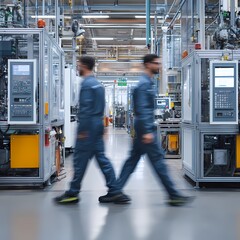 Obraz premium Industrial Workers in Manufacturing Facility Optimizing Production Line