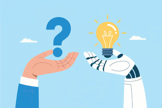 Human hand and robot hand exchanging a lightbulb and question mark vector cartoon illustration isolated on transparent background