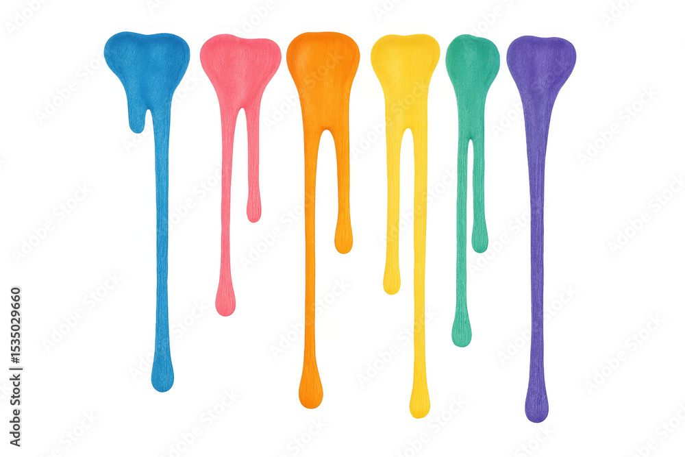 Poster six vibrant paint streams dripping down against a transparent background, creating a dynamic and col