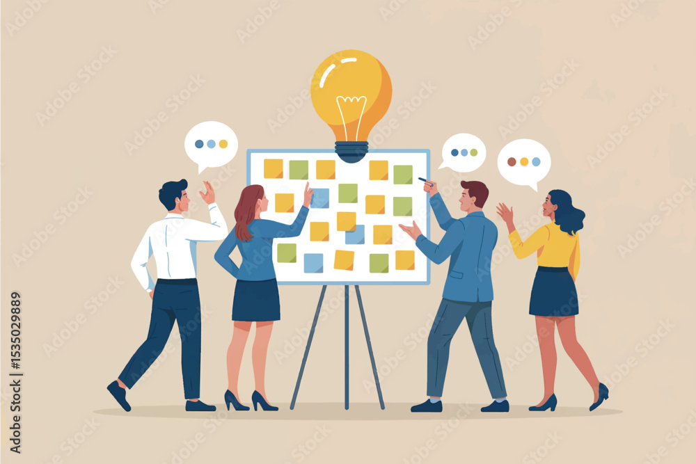 Poster team brainstorming session with sticky notes and lightbulb vector cartoon illustration isolated on t