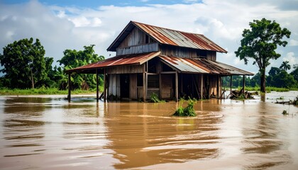 flooded countryside with an abandon structure beside