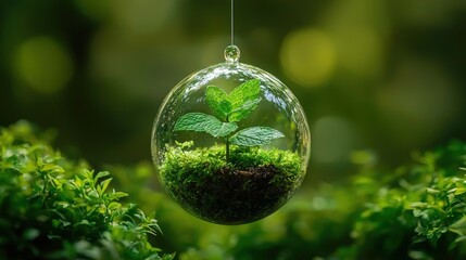Glass sphere with a miniature plant in a terrarium setting.