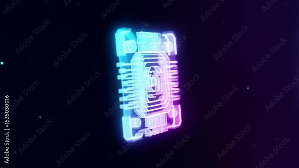 Poster animated neon style chipset circuit board with spinning effect in dark background