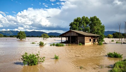 flooded countryside with an abandon structure beside
