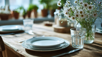 Rustic charm table setting with fresh daisies and elegant glassware capturing a serene ambiance and natural light