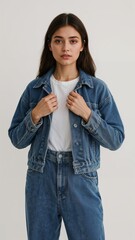 Full length of confident Moroccan girl in a denim jacket over a tshirt and skirt standing with both hands adjusting the jacket collar on plain white background