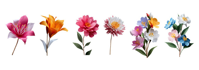 Flower crafted from crepe paper set isolated on transparent background, PNG