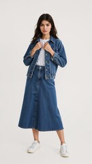 Full length of confident Moroccan girl in a denim jacket over a tshirt and skirt standing with both hands adjusting the jacket collar on plain white background