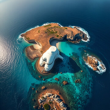 Vista aerea mozzafiato del faro Mangiabarche di Calasetta, Sardegna, Italia. Il faro bianco si erge maestoso su uno scoglio circondato da acque cristalline che sfumano dal turchese allo smeraldo